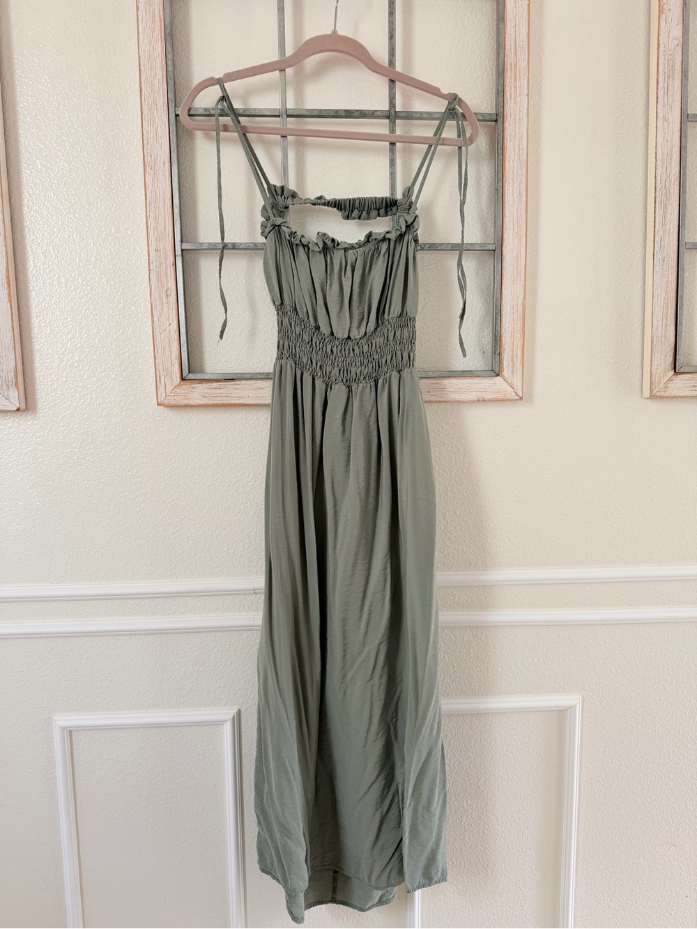 Zara Olive Green Smocked Maxi with Tie Shoulder Straps